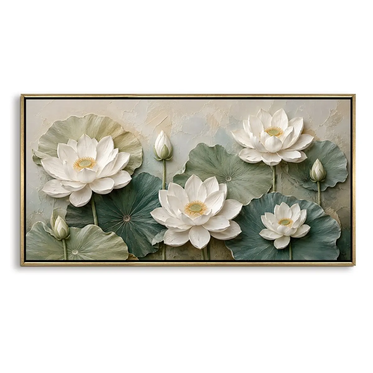 Rectangular white lotus canvas painting with green leaves and a slim gold frame