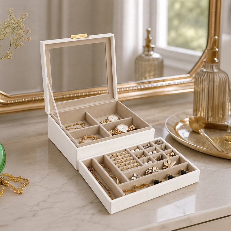 AarviDecor AccessoryVault Faux Leather Jewellery Box - White