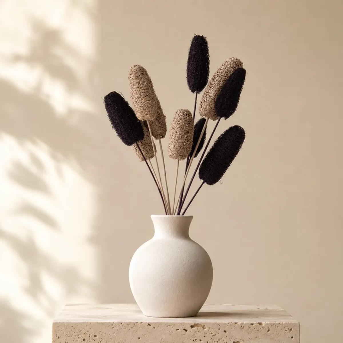 Black and beige dried luffah stems arranged in a rounded white vase