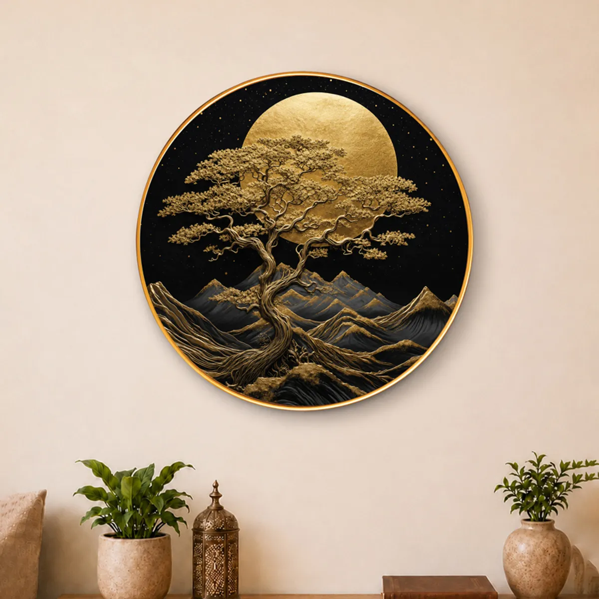 Round bonsai-inspired wall art in black and gold with mountains and a full moon