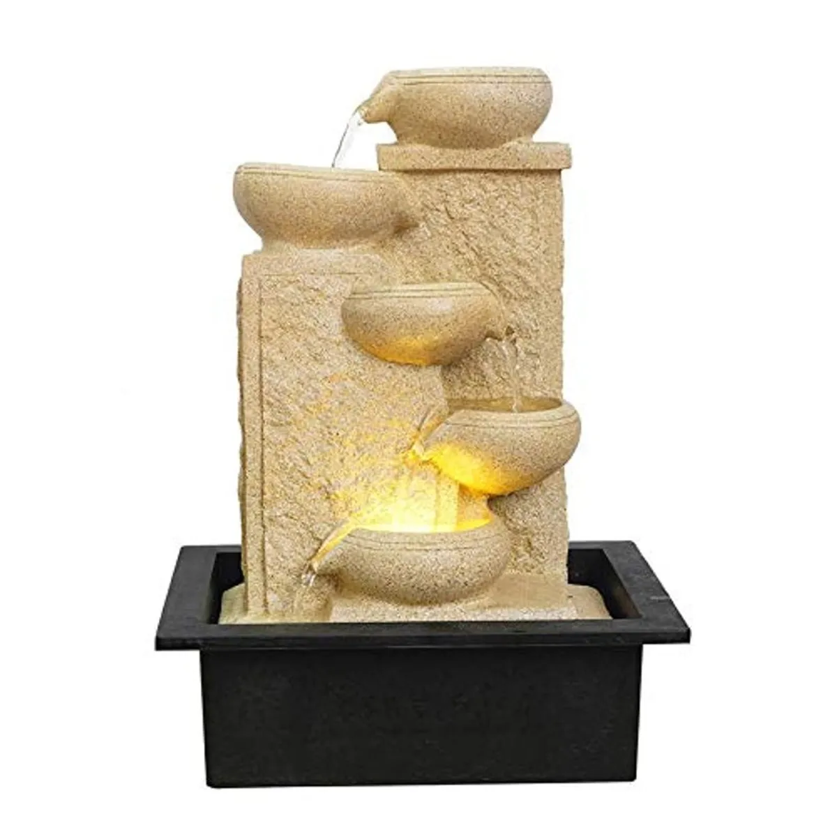Front view of the ivory LED fountain with flowing water and black base