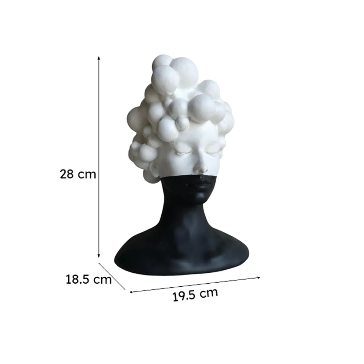 Black-and-white bust showpiece shown with height and base measurements