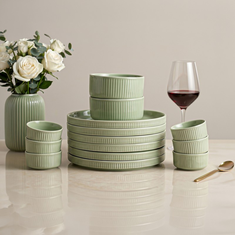 Dunmore Porcelain Dinner Set (Sage Green) - 14 Piece Set