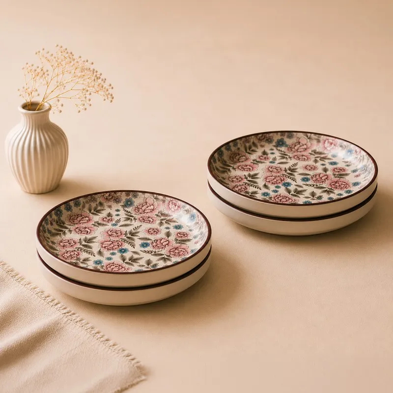 Two small stacks of floral quarter plates with glossy finish