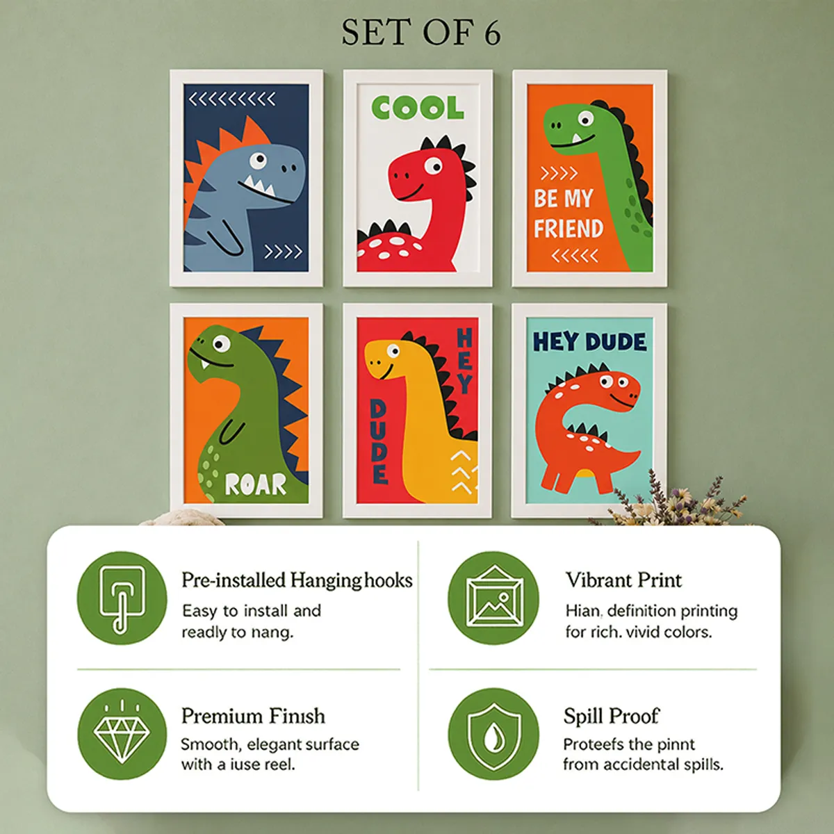 Grid of six framed dinosaur prints with a feature panel displayed below