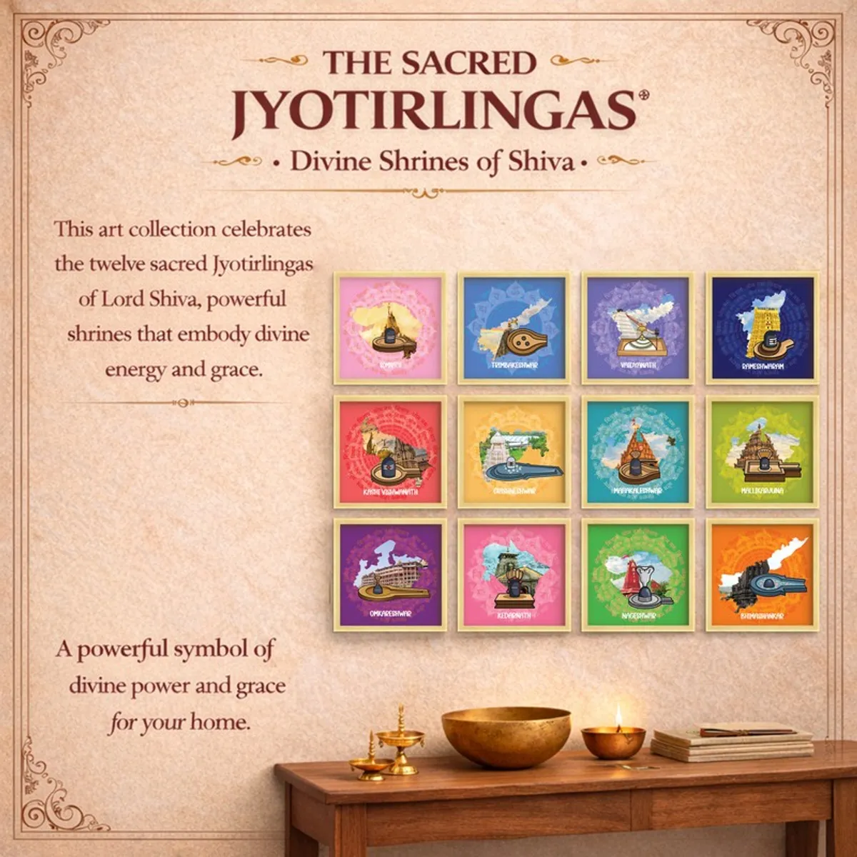 Decorative poster showing the twelve sacred Jyotirlingas with framed artworks and temple styling