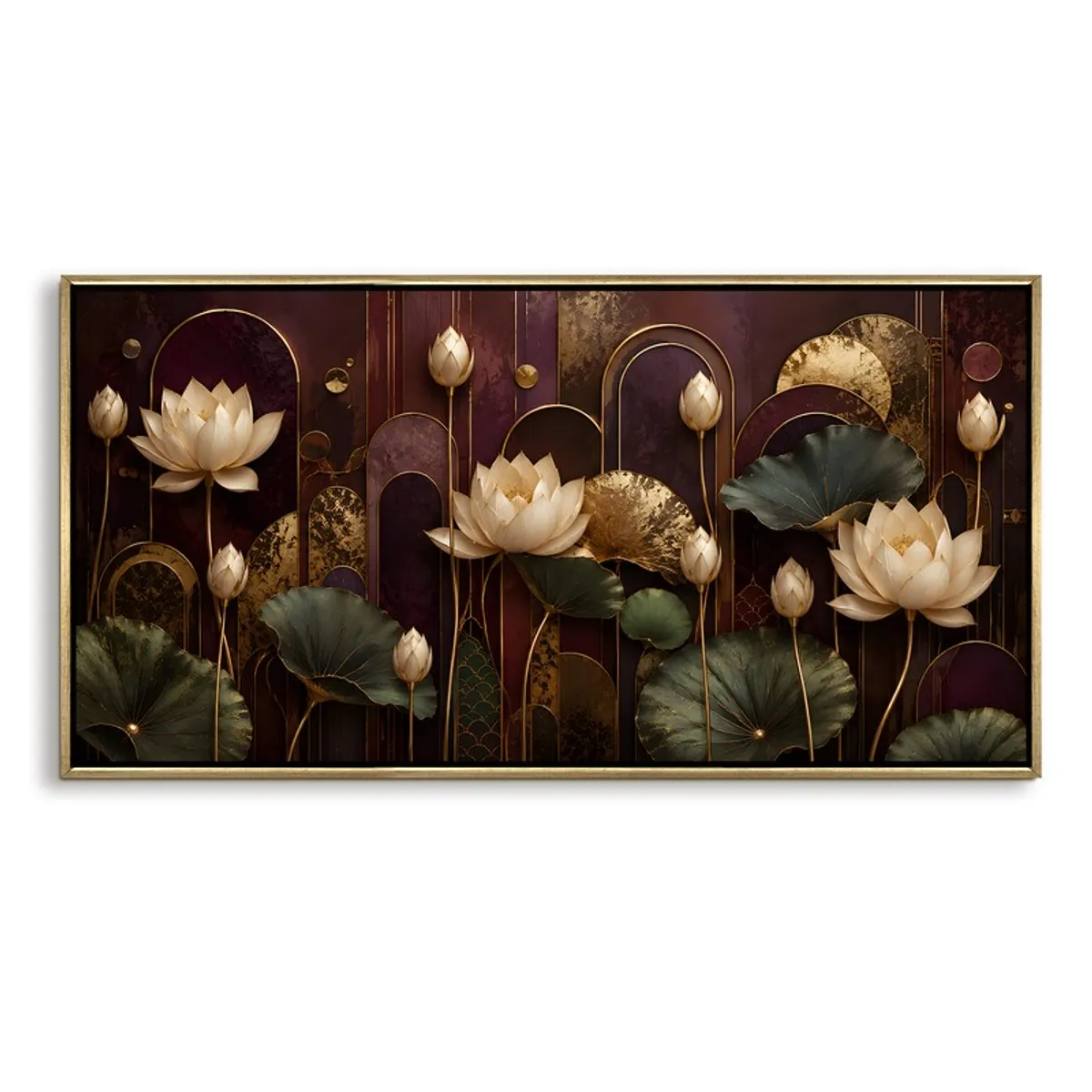 Lotus floral canvas wall painting with ivory blooms, green leaves and gold accents