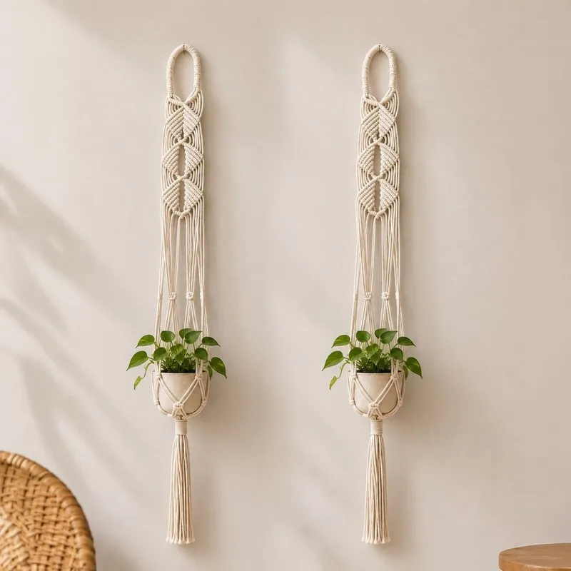 Pair of white macrame plant hangers holding small potted plants