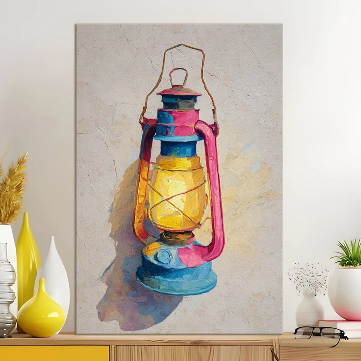 Colourful rustic lamp canvas painting styled on a console table