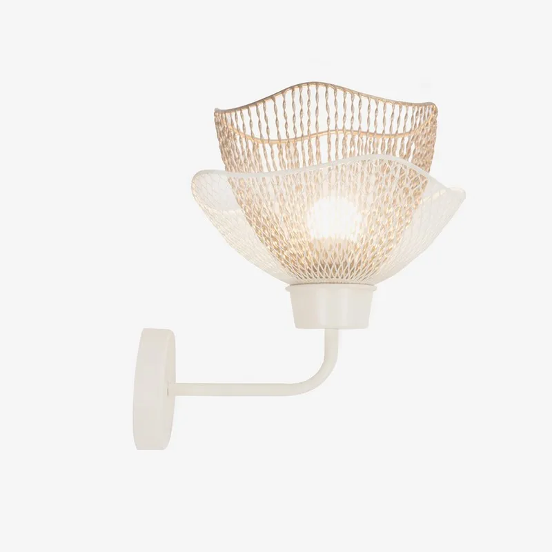 Front view of white wall lamp with layered petal-like mesh shade