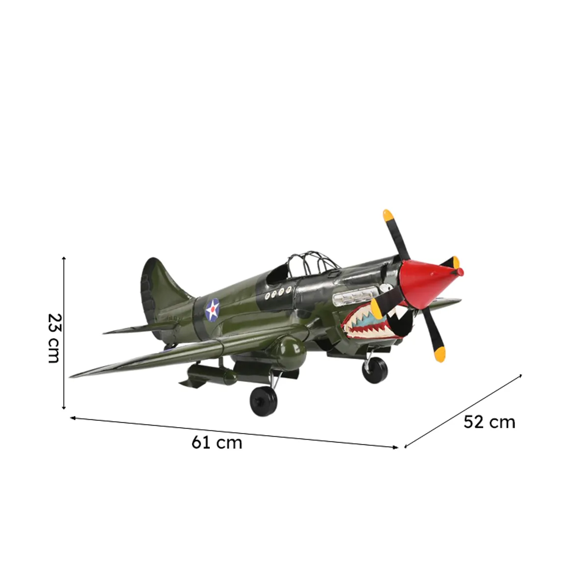 Fighter jet showpiece with displayed dimensions of 61 x 52 x 23 cm