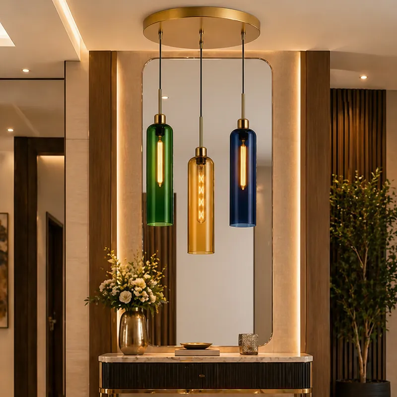 Three-light coloured glass ceiling lamp with round ceiling plate in an entryway