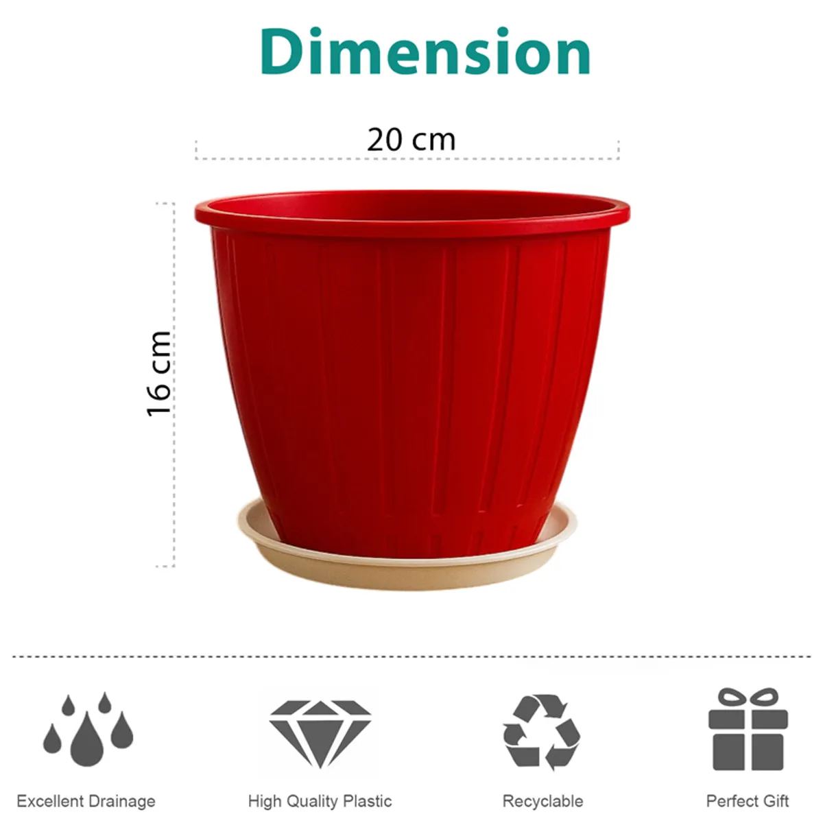 Red planter and white tray shown against a plain background.