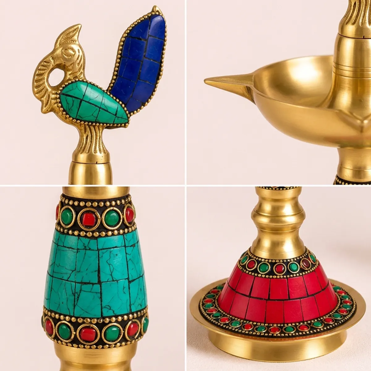 Close-up collage showing peacock finial, diya bowl and colourful decorative details