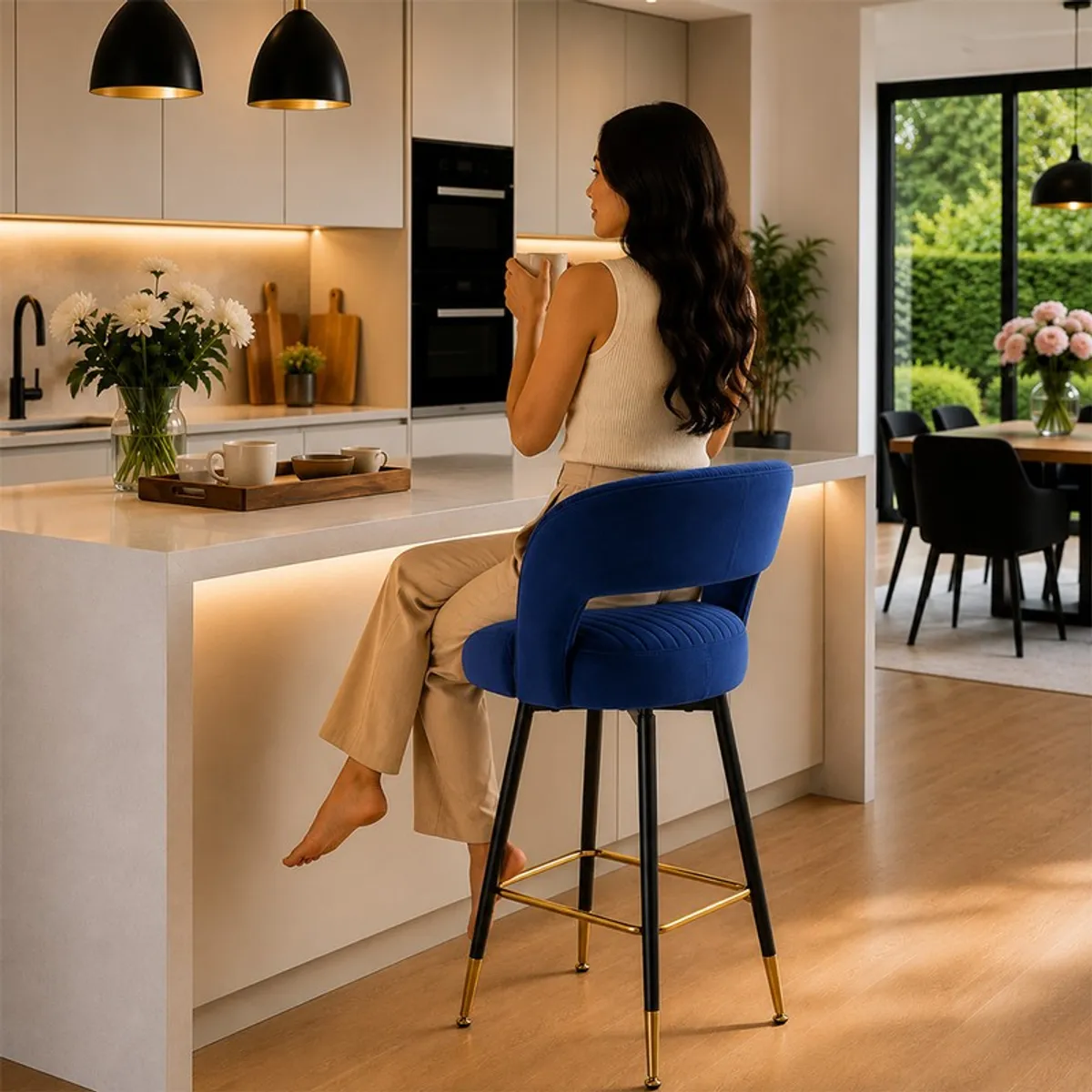 Person seated on a blue velvet bar stool at a kitchen island.
