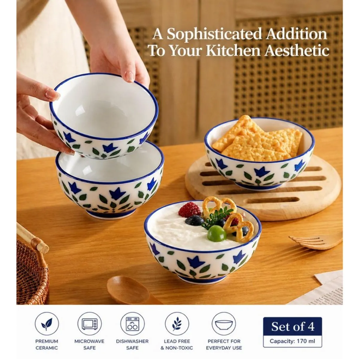 Blue and white floral ceramic bowls shown with snacks and yoghurt on a kitchen counter