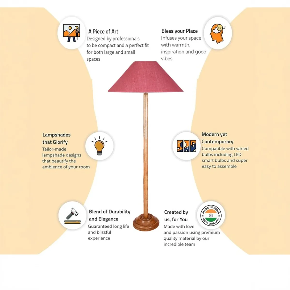 Wooden floor lamp with a pink shade shown in an illustrated feature layout