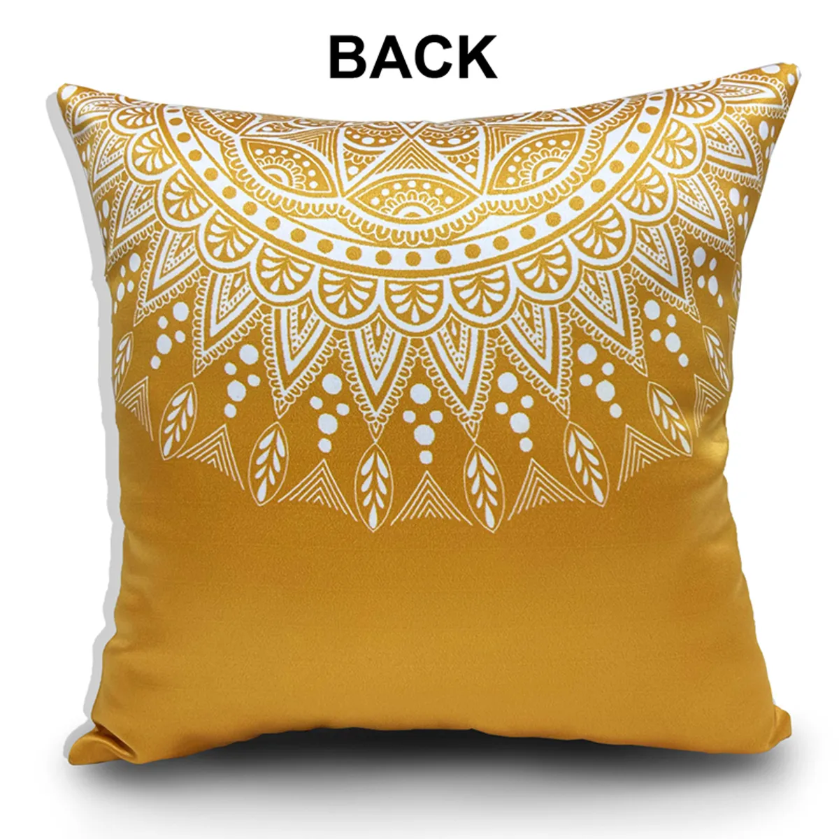 Back view of a yellow cushion cover with a white mandala print