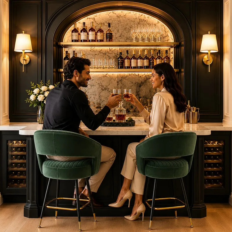 Two green velvet bar stools arranged at a dark home bar.