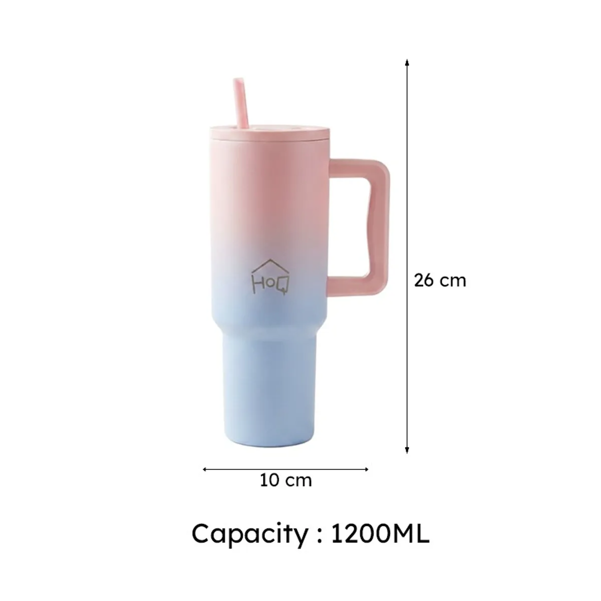 Pink and blue tumbler with measurement markings showing 26 cm height