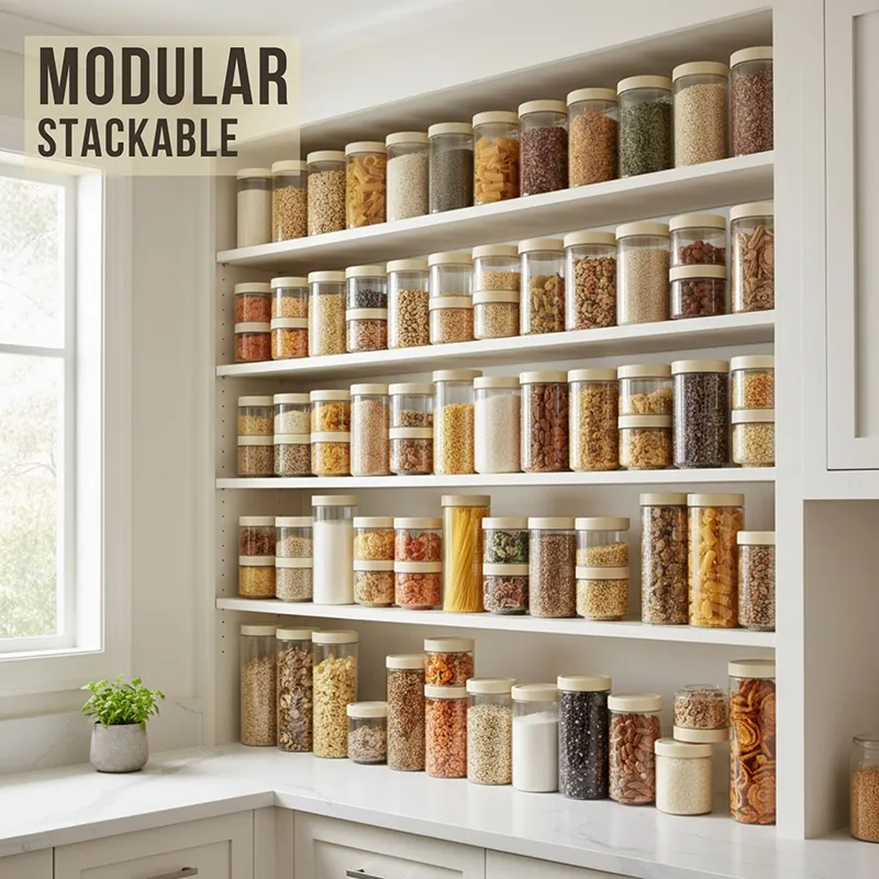 Multiple clear stackable containers with white lids arranged on pantry shelves