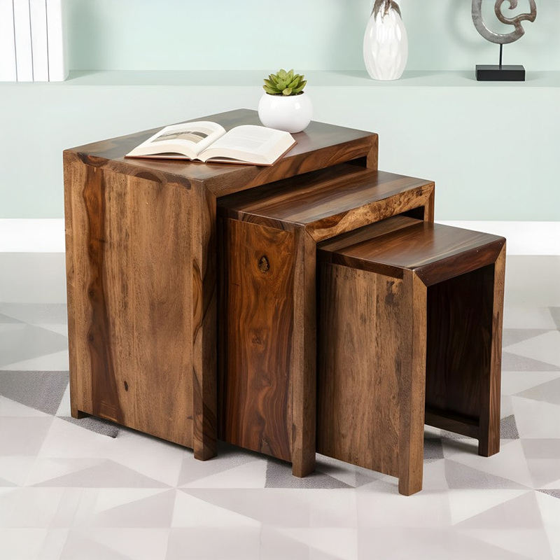 Sverox Sheesham Wooden Side & Bedside Table (Brown,Beige) - Set Of Three