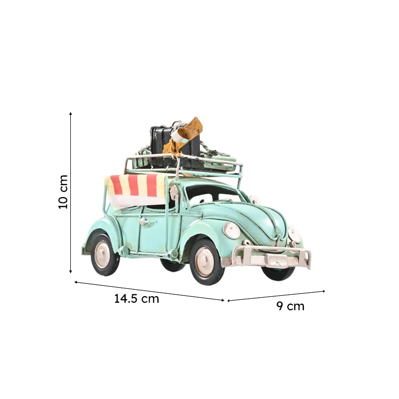 Blue vintage beetle car showpiece with displayed dimensions