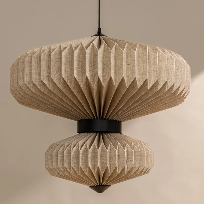 Front view of unlit two-tier beige pendant ceiling lamp
