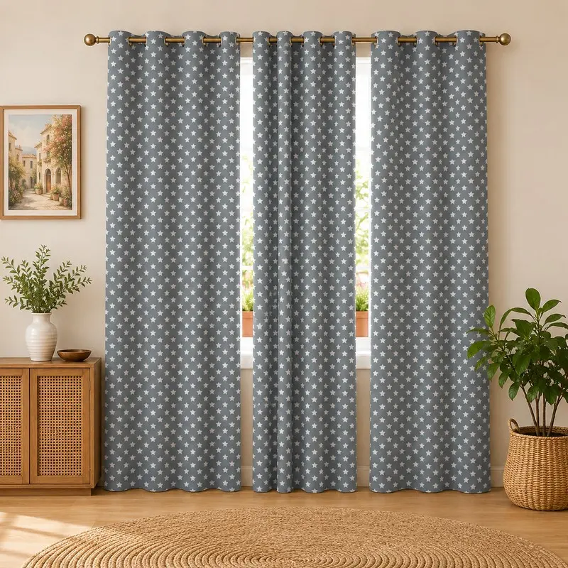 Star World Printed Cotton Curtains (Grey) - Set of Three