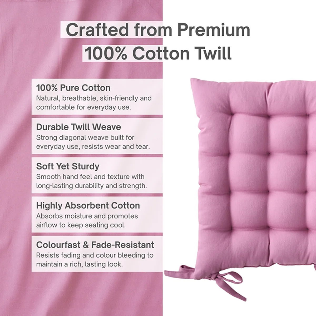 Close view of lilac purple tufted chair pad with tie-up corner