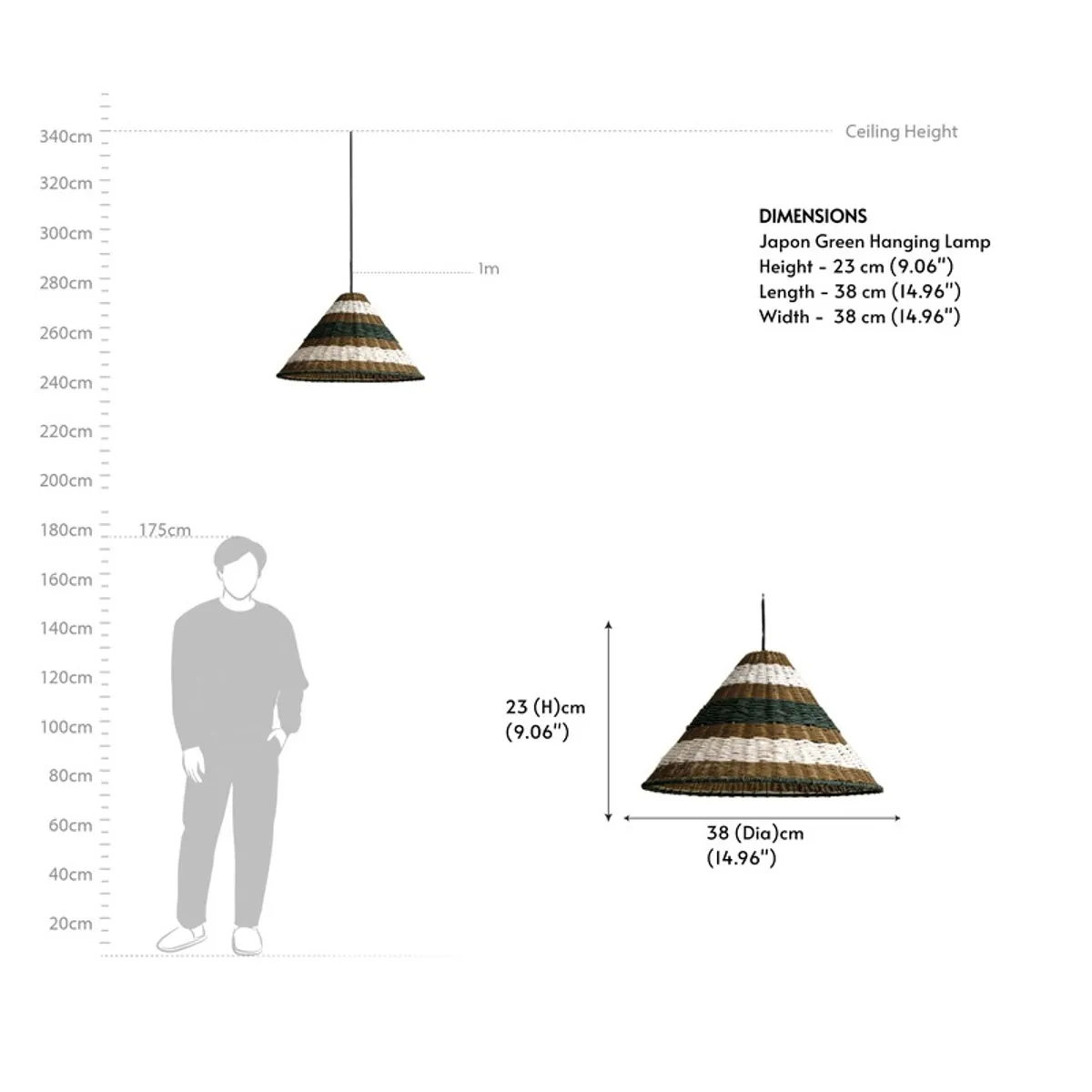 Dimension reference image of the striped conical ceiling lamp