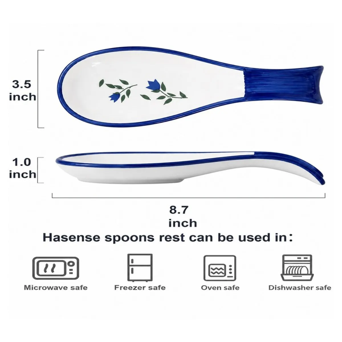 Blue ceramic spoon rest shown from above and side on a white background