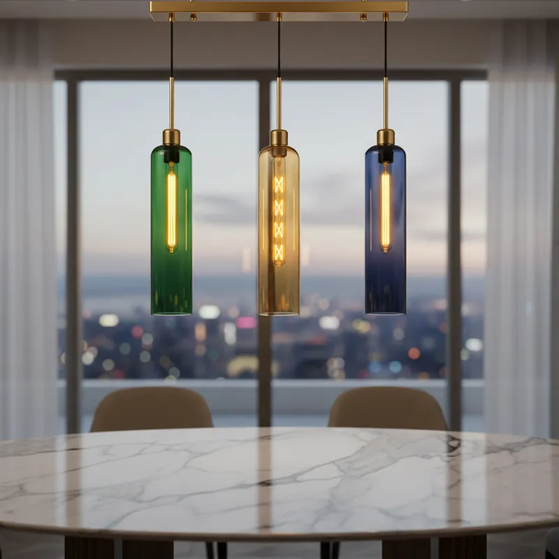 Linear trio pendant lamp with green, amber and blue glass shades over a marble dining table