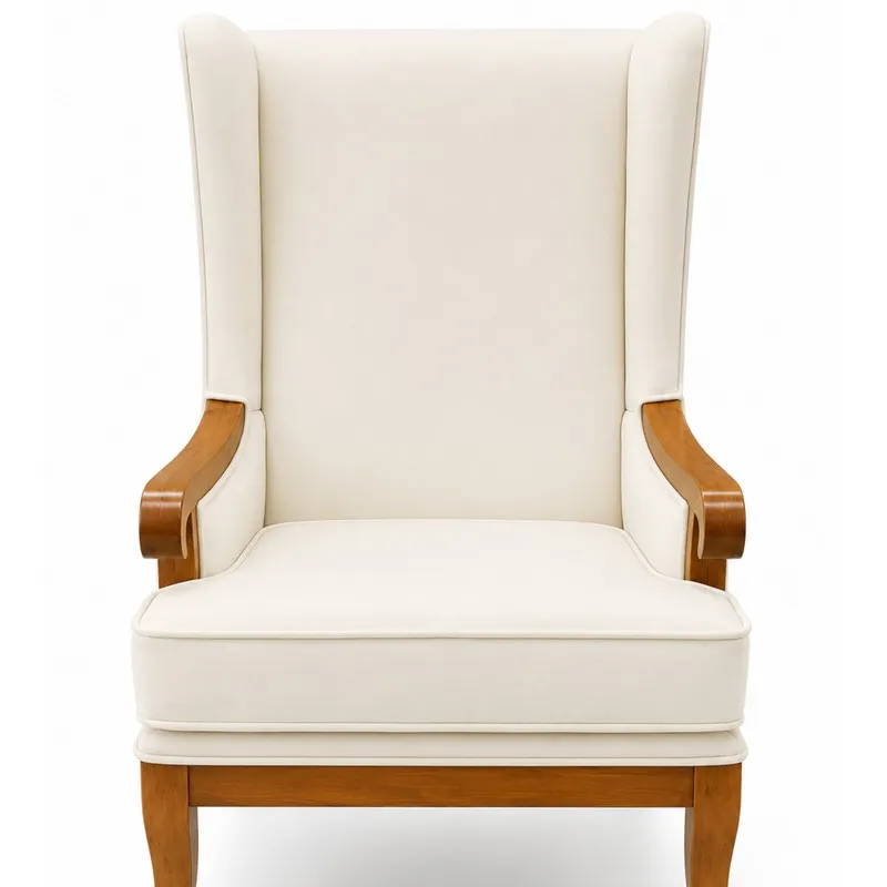 Front view of white upholstered chair with wooden arms and legs