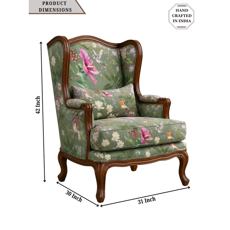 Green floral lounge chair with wooden frame shown with dimension graphic