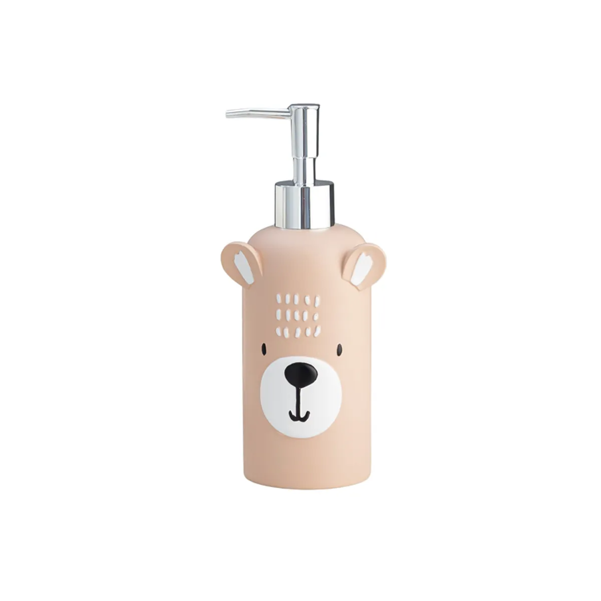 Peach cylindrical kids soap dispenser with bear face motif and silver pump