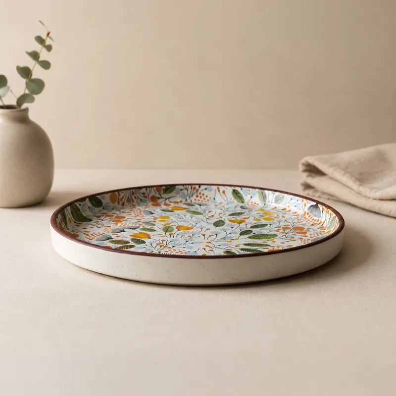 Side profile of a round ceramic quarter plate with botanical print and brown rim.
