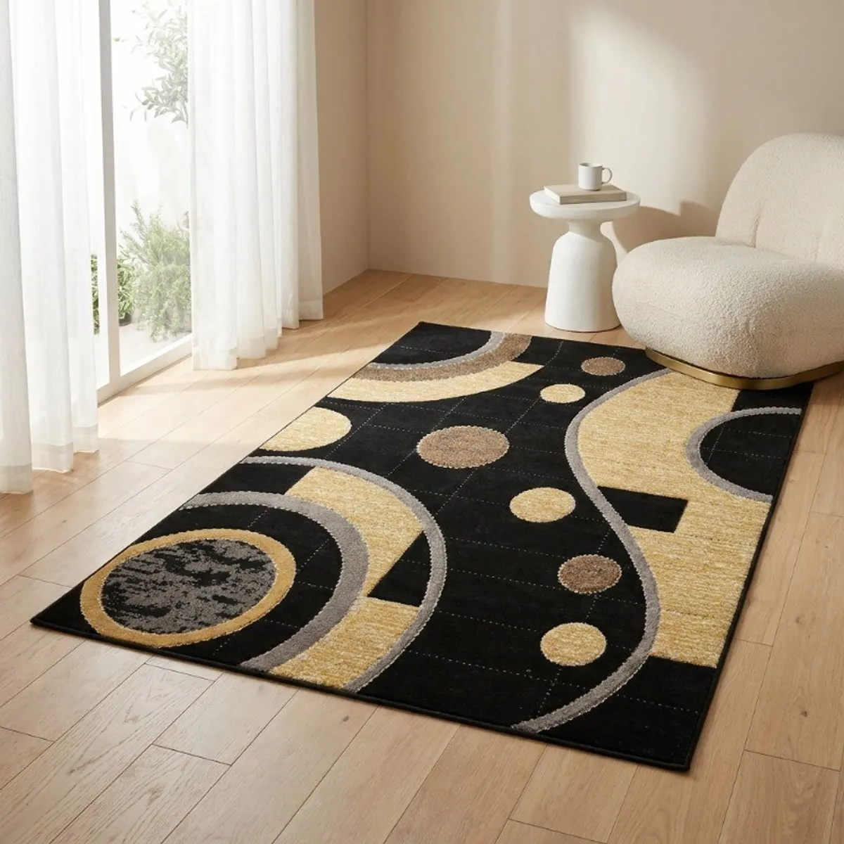 Black and beige abstract carpet placed in a light-toned room