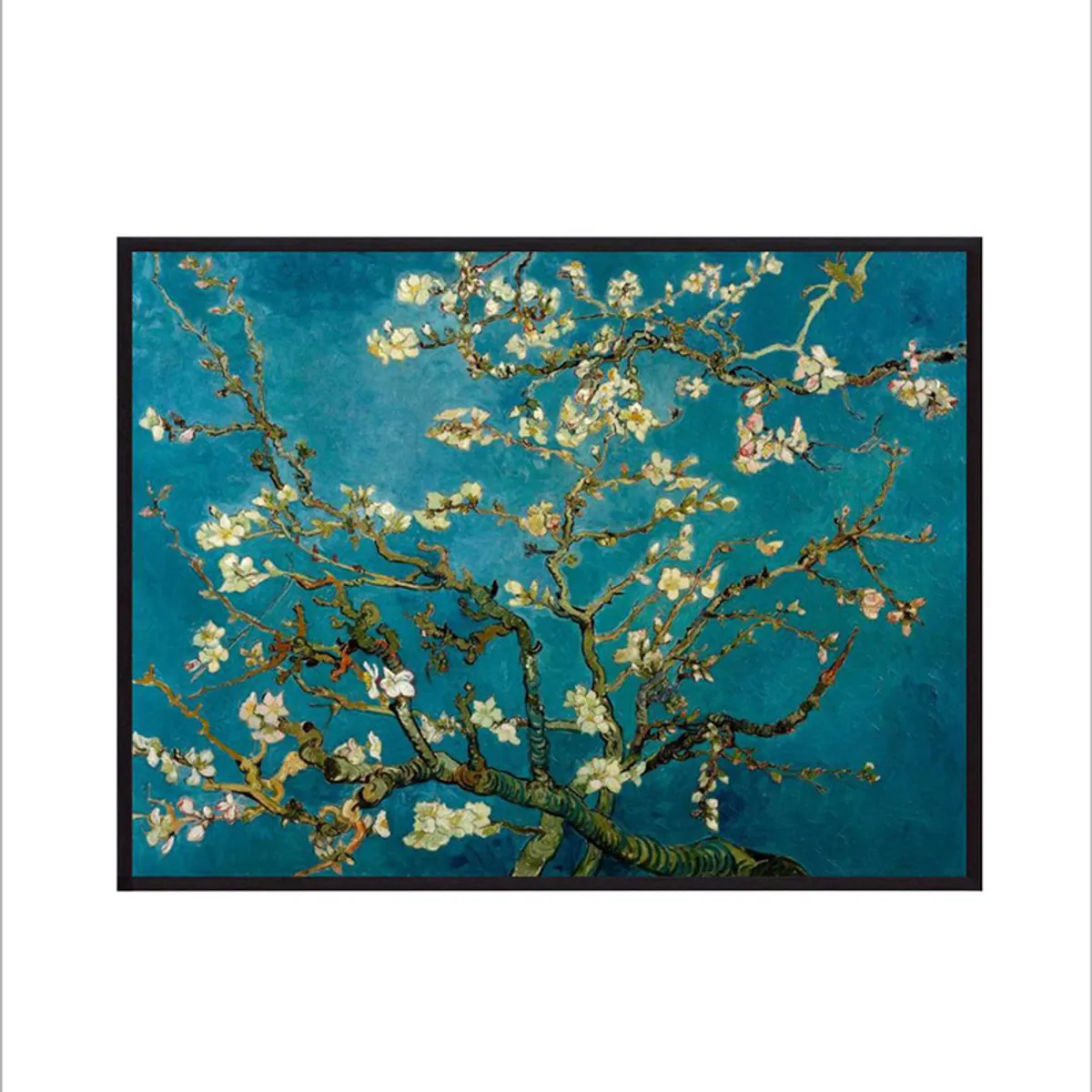 Rectangular blue wall painting showing white blossoms on branching stems