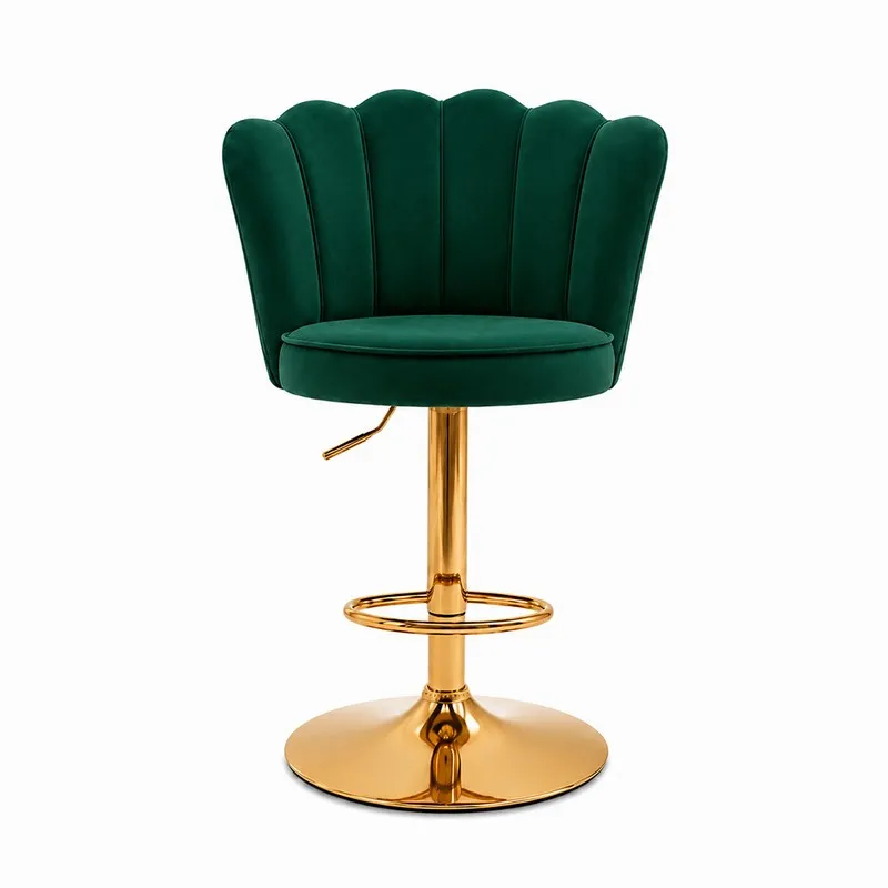 Front view of green velvet bar chair with scalloped back and gold-toned pedestal base