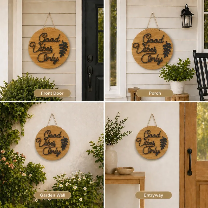 Good Vibes Only wall accent displayed in several outdoor and entryway settings