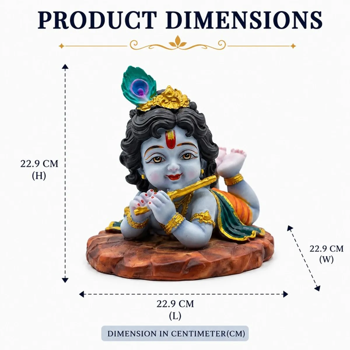 Multicolour Gopal idol shown with product height, width and length arrows