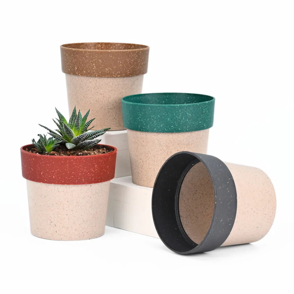 Four multicolour cylindrical planters with speckled texture, one shown lying sideways
