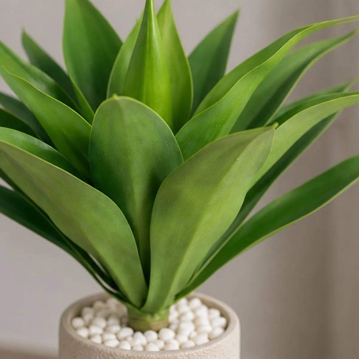 Close-up of layered green artificial succulent leaves with pointed and broad shapes