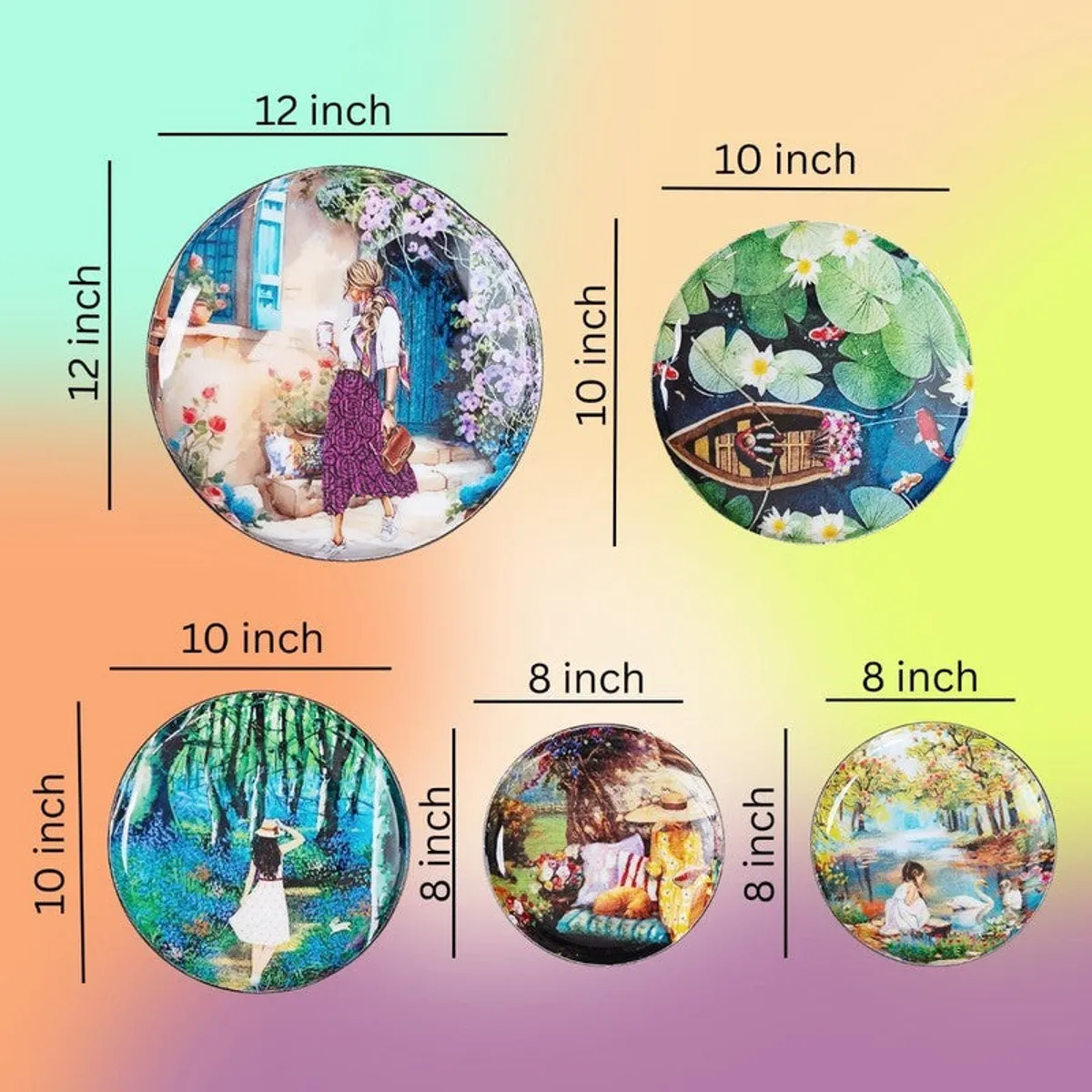 Five round wall plates shown in three different sizes.
