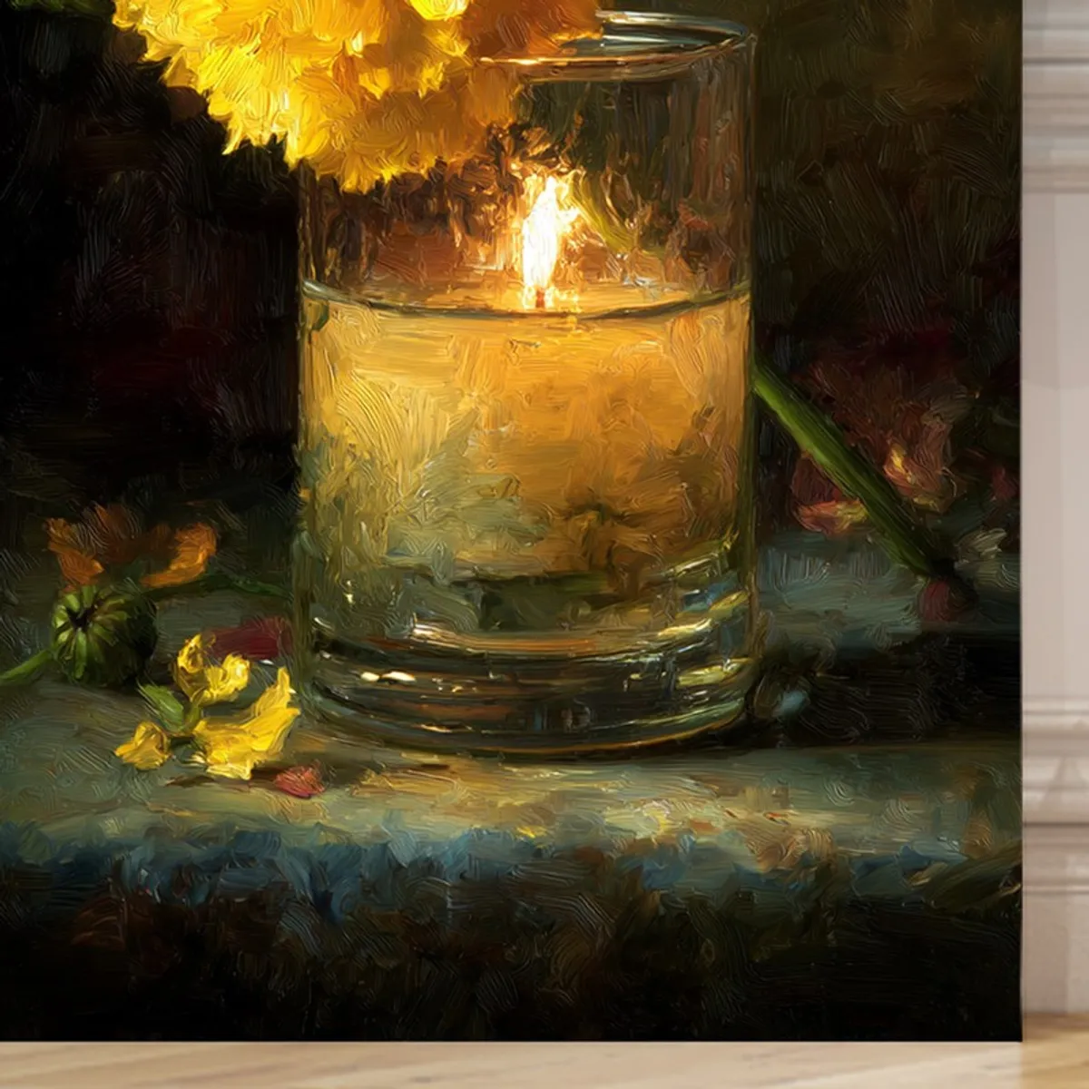 Close-up of the candle and floral artwork with textured brushstroke effect