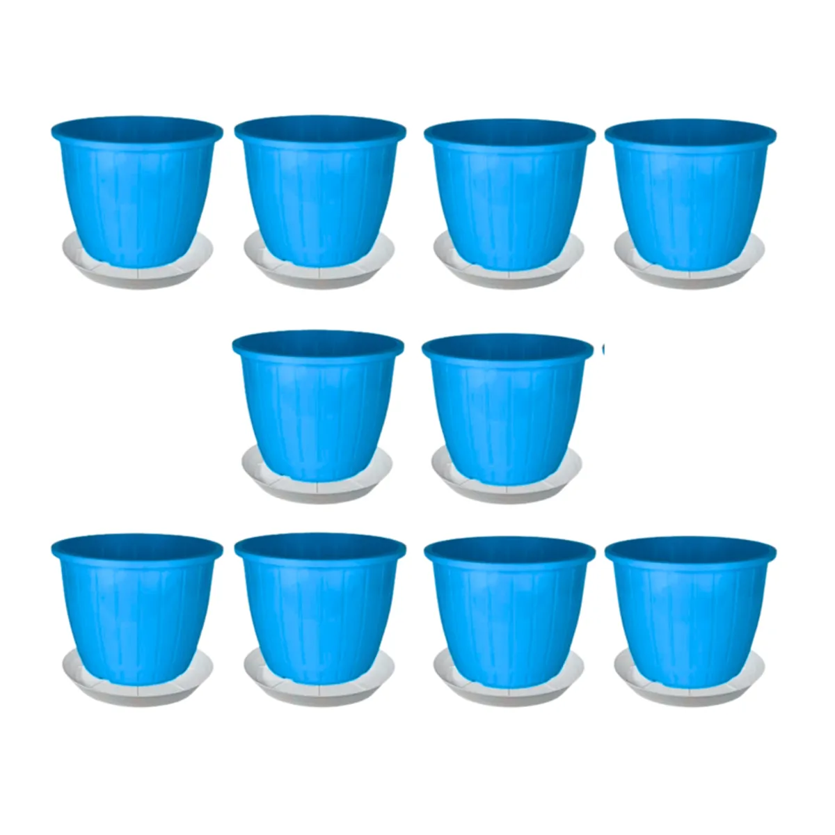 Ten blue cylindrical planters with white trays arranged against a plain white background.