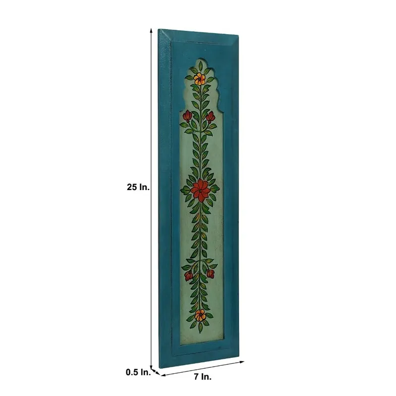 Blue rectangular wall accent with painted botanical design and size markings shown
