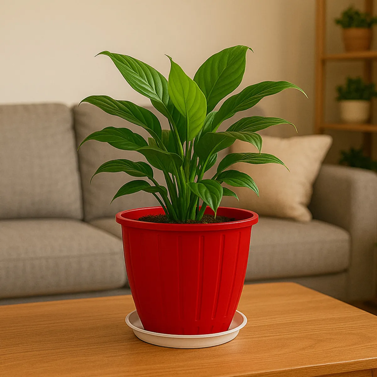 Red planter with a leafy houseplant and white tray on a wooden table.