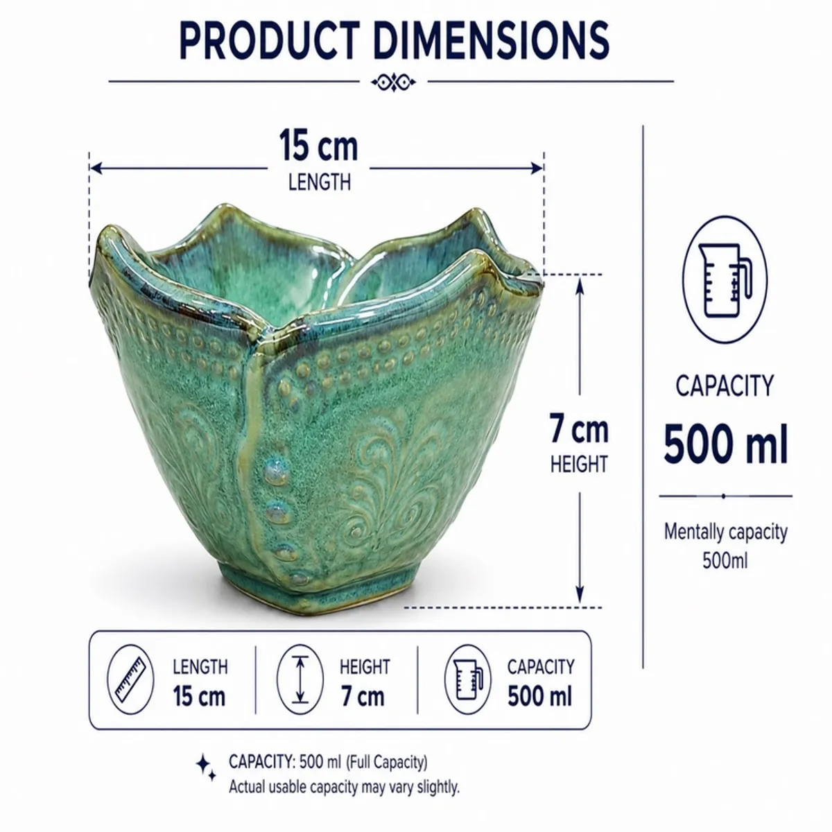 Green ceramic bowl shown with its 15 cm length, 7 cm height and 500 mL capacity